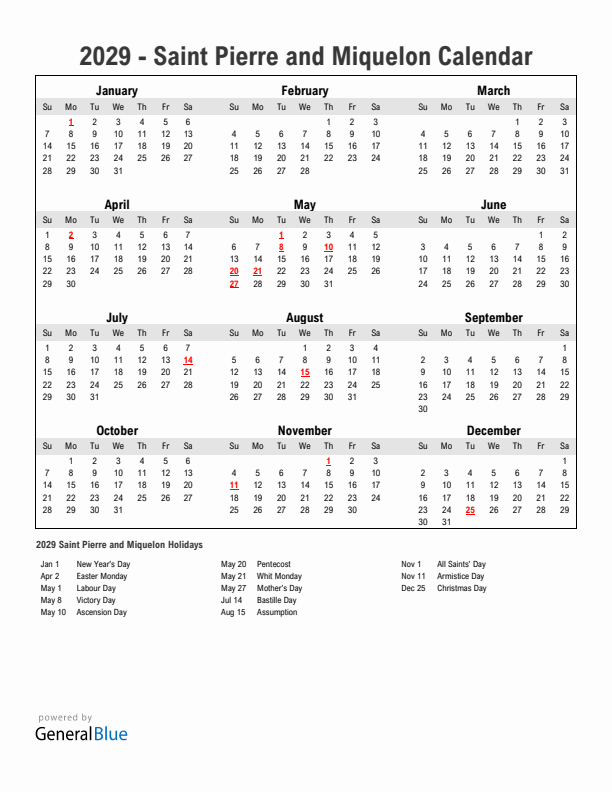 Year 2029 Simple Calendar With Holidays in Saint Pierre and Miquelon