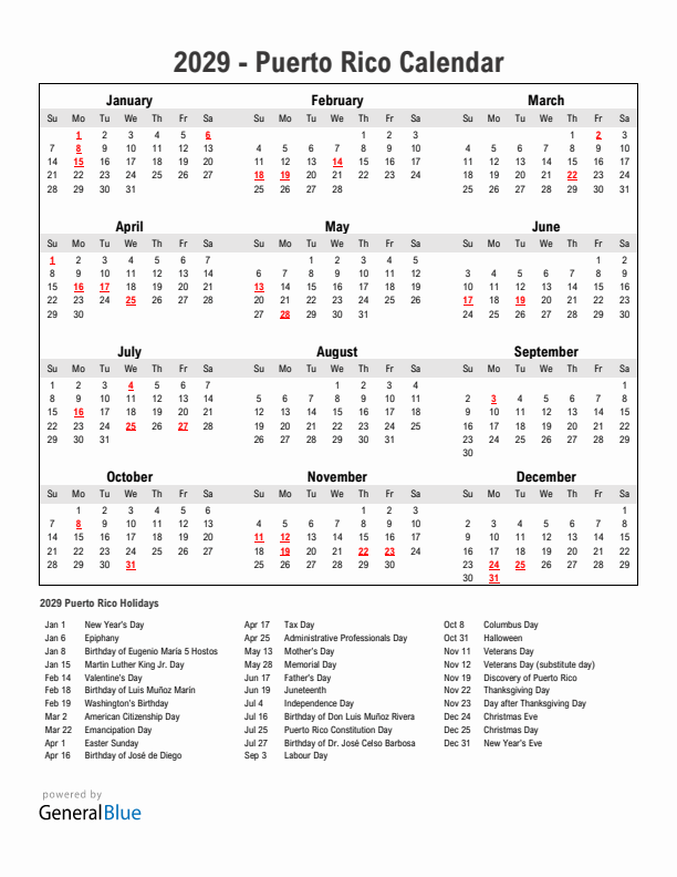 Year 2029 Simple Calendar With Holidays in Puerto Rico