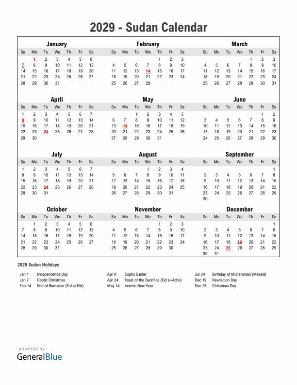 Year 2029 Simple Calendar With Holidays in Sudan
