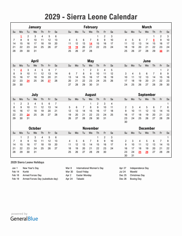 Year 2029 Simple Calendar With Holidays in Sierra Leone