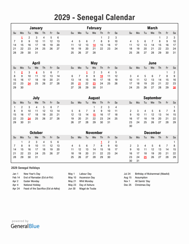 Year 2029 Simple Calendar With Holidays in Senegal