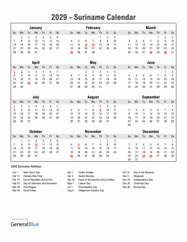 Year 2029 Simple Calendar With Holidays in Suriname