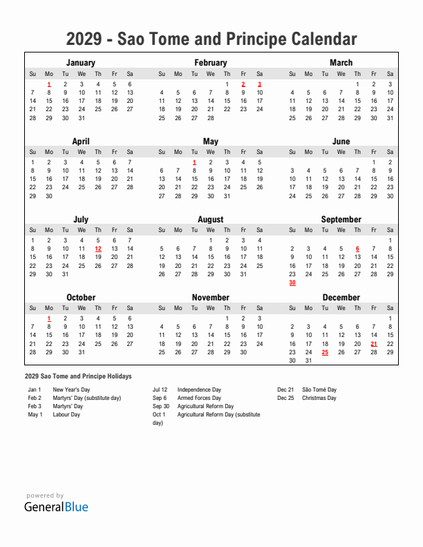 Year 2029 Simple Calendar With Holidays in Sao Tome and Principe