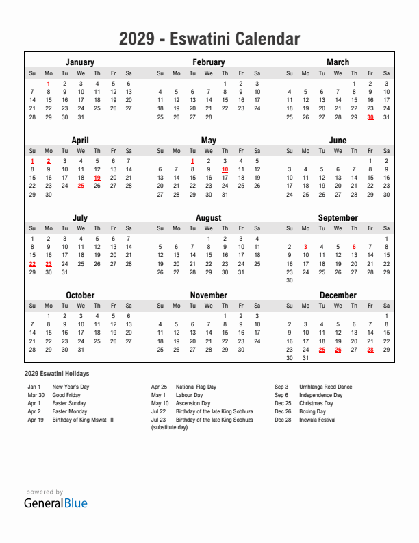 Year 2029 Simple Calendar With Holidays in Eswatini