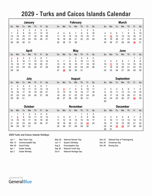 Year 2029 Simple Calendar With Holidays in Turks and Caicos Islands
