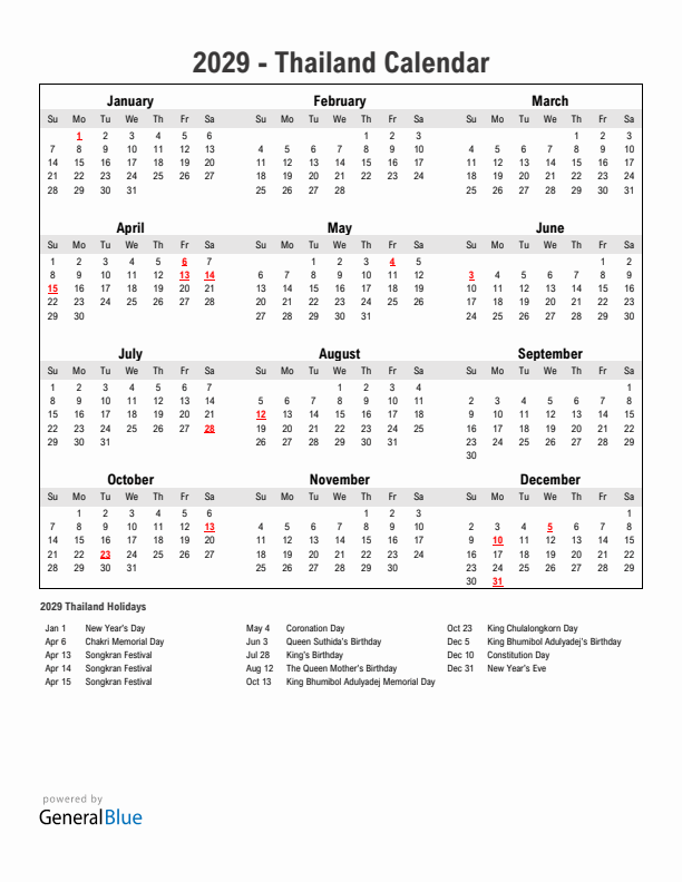 Year 2029 Simple Calendar With Holidays in Thailand