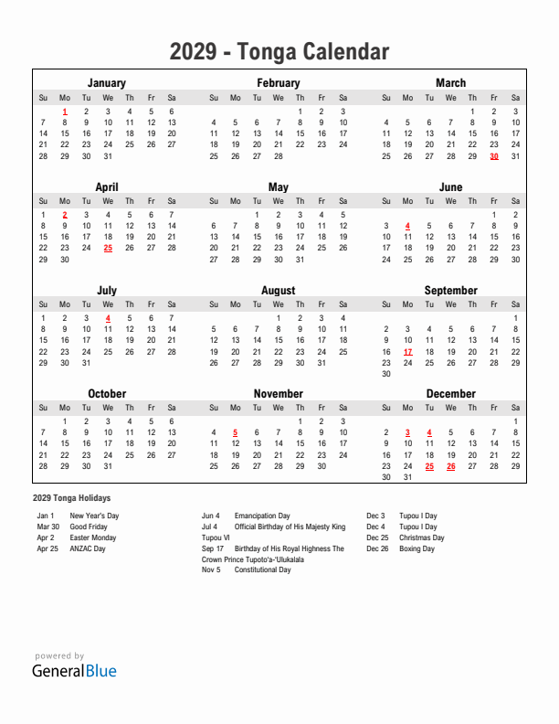 Year 2029 Simple Calendar With Holidays in Tonga