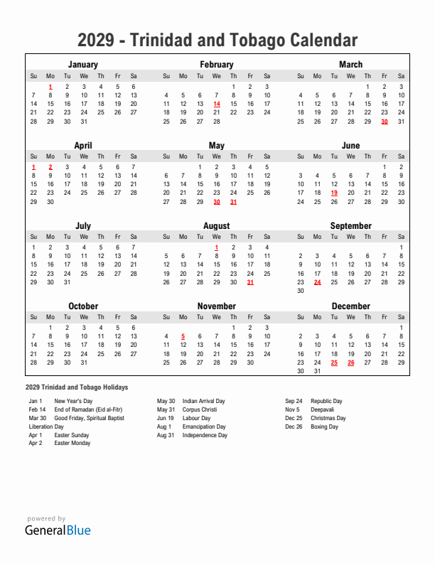 Year 2029 Simple Calendar With Holidays in Trinidad and Tobago