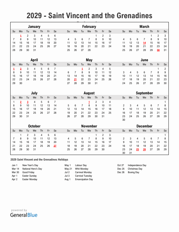 Year 2029 Simple Calendar With Holidays in Saint Vincent and the Grenadines