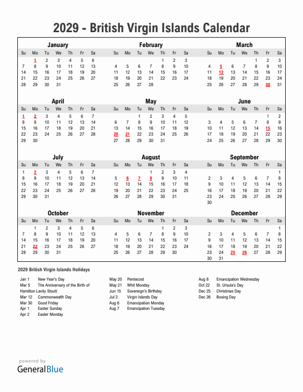 Year 2029 Simple Calendar With Holidays in British Virgin Islands