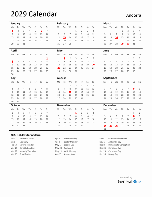 Standard Holiday Calendar for 2029 with Andorra Holidays 
