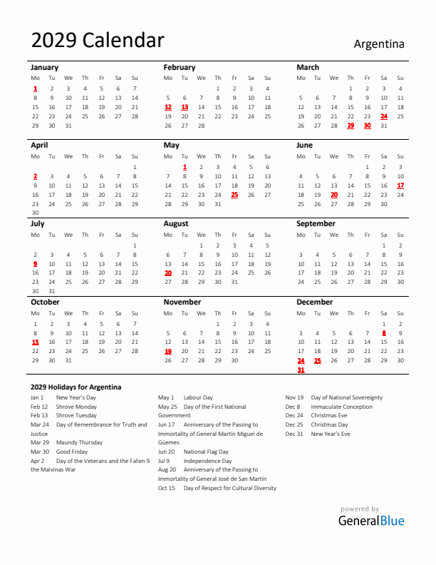 Standard Holiday Calendar for 2029 with Argentina Holidays 
