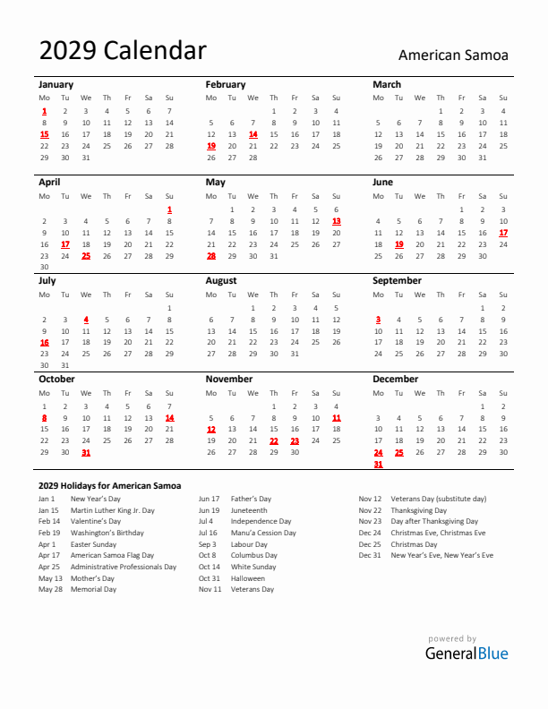 Standard Holiday Calendar for 2029 with American Samoa Holidays 