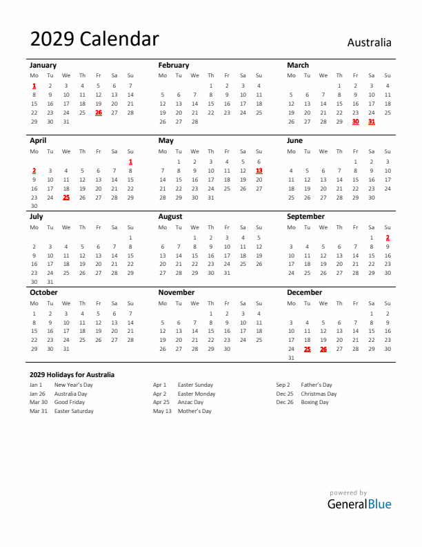 Standard Holiday Calendar for 2029 with Australia Holidays