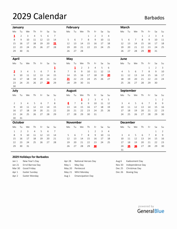 Standard Holiday Calendar for 2029 with Barbados Holidays