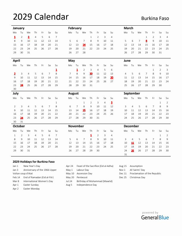 Standard Holiday Calendar for 2029 with Burkina Faso Holidays