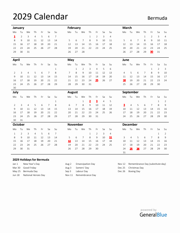 Standard Holiday Calendar for 2029 with Bermuda Holidays