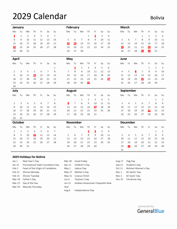 Standard Holiday Calendar for 2029 with Bolivia Holidays