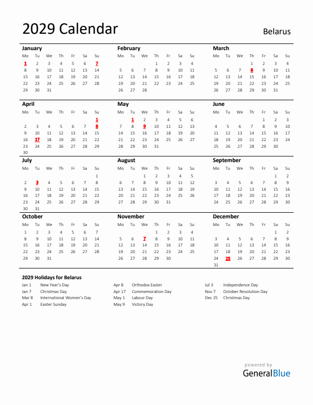 Standard Holiday Calendar for 2029 with Belarus Holidays