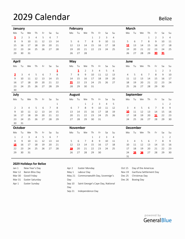 Standard Holiday Calendar for 2029 with Belize Holidays