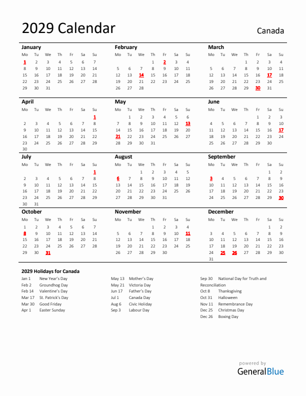 Standard Holiday Calendar for 2029 with Canada Holidays