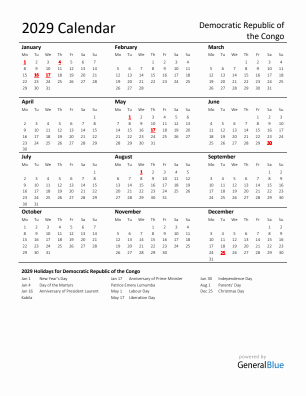 Standard Holiday Calendar for 2029 with Democratic Republic of the Congo Holidays 