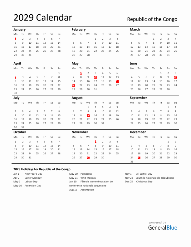 Standard Holiday Calendar for 2029 with Republic of the Congo Holidays 