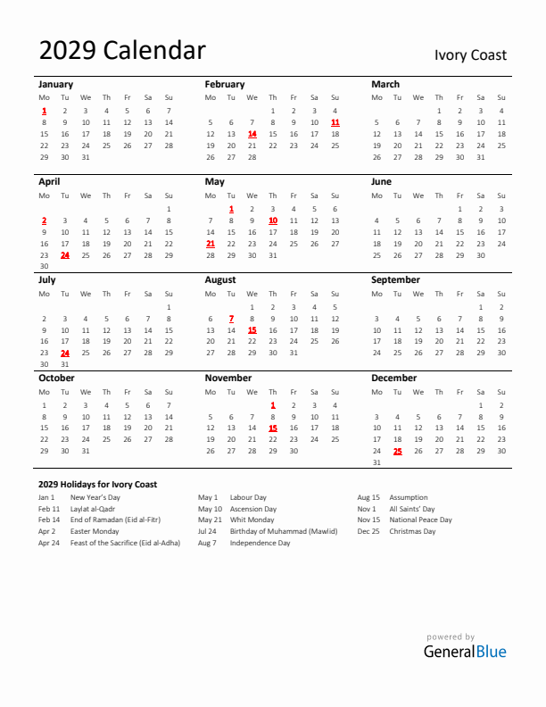 Standard Holiday Calendar for 2029 with Ivory Coast Holidays 