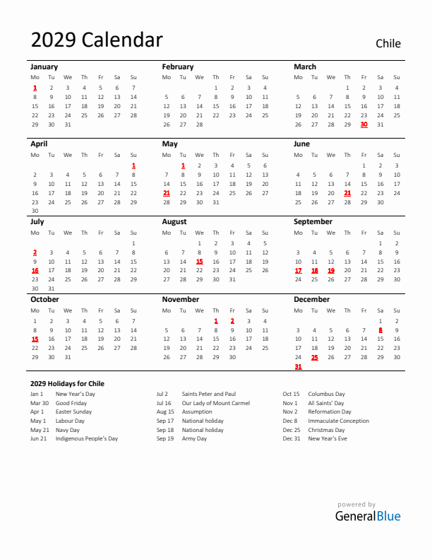 Standard Holiday Calendar for 2029 with Chile Holidays