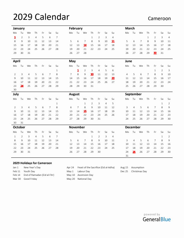 Standard Holiday Calendar for 2029 with Cameroon Holidays