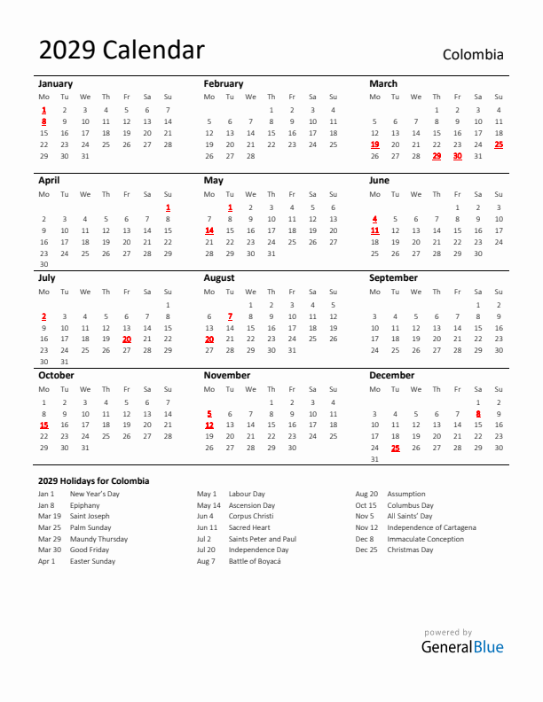 Standard Holiday Calendar for 2029 with Colombia Holidays