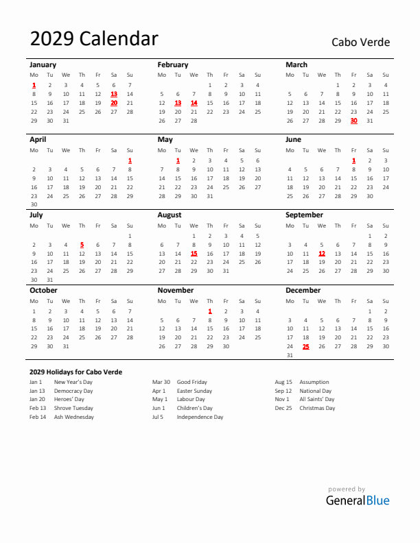 Standard Holiday Calendar for 2029 with Cabo Verde Holidays