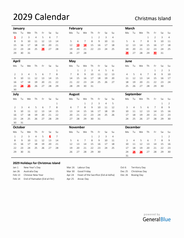 Standard Holiday Calendar for 2029 with Christmas Island Holidays