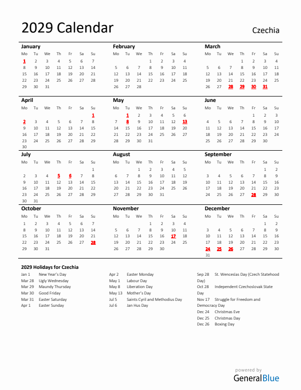 Standard Holiday Calendar for 2029 with Czechia Holidays 