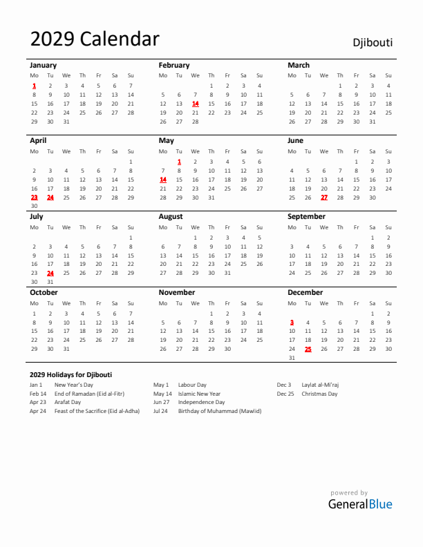 Standard Holiday Calendar for 2029 with Djibouti Holidays 