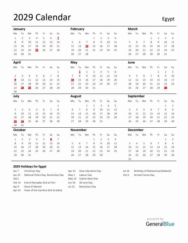 Standard Holiday Calendar for 2029 with Egypt Holidays 