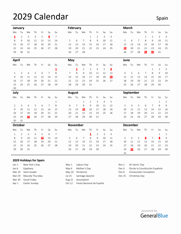 Standard Holiday Calendar for 2029 with Spain Holidays
