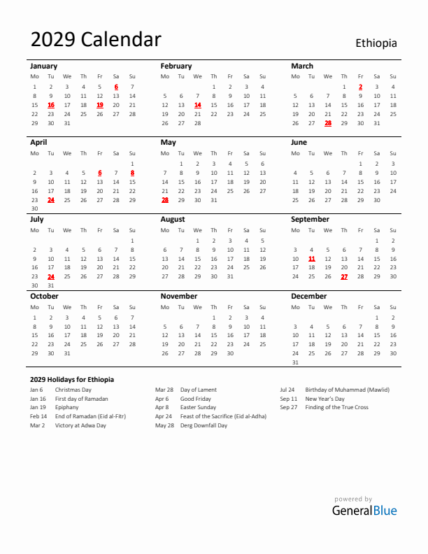 Standard Holiday Calendar for 2029 with Ethiopia Holidays