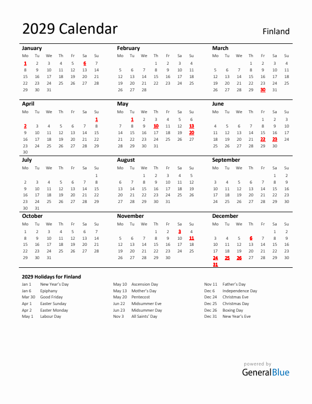 Standard Holiday Calendar for 2029 with Finland Holidays