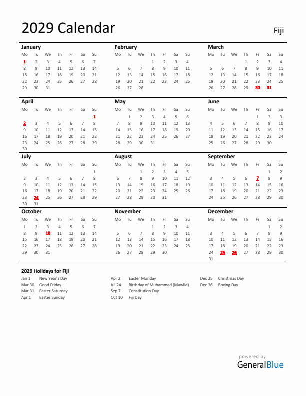 Standard Holiday Calendar for 2029 with Fiji Holidays 