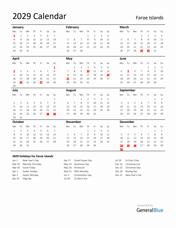 Standard Holiday Calendar for 2029 with Faroe Islands Holidays