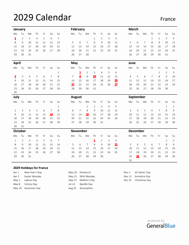 Standard Holiday Calendar for 2029 with France Holidays