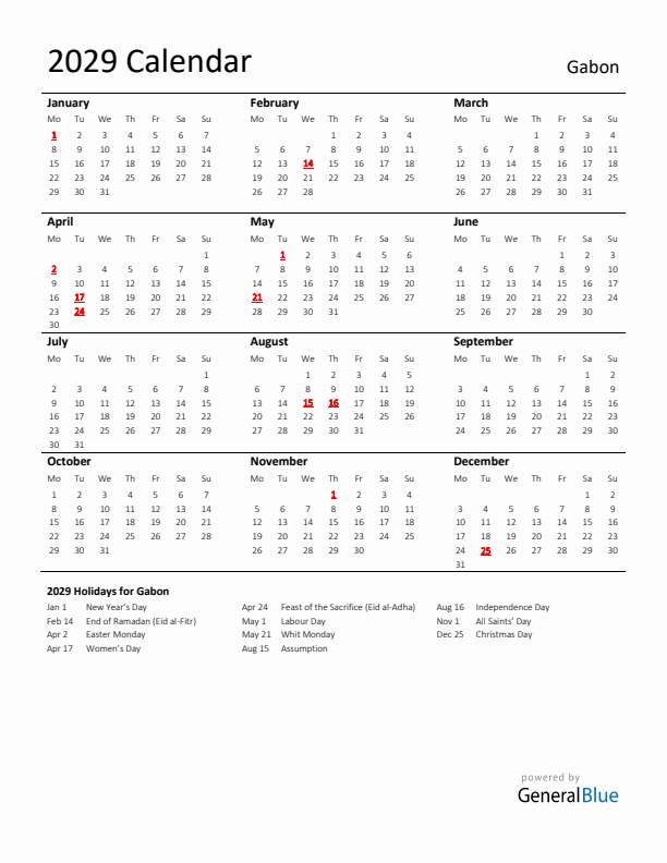 Standard Holiday Calendar for 2029 with Gabon Holidays