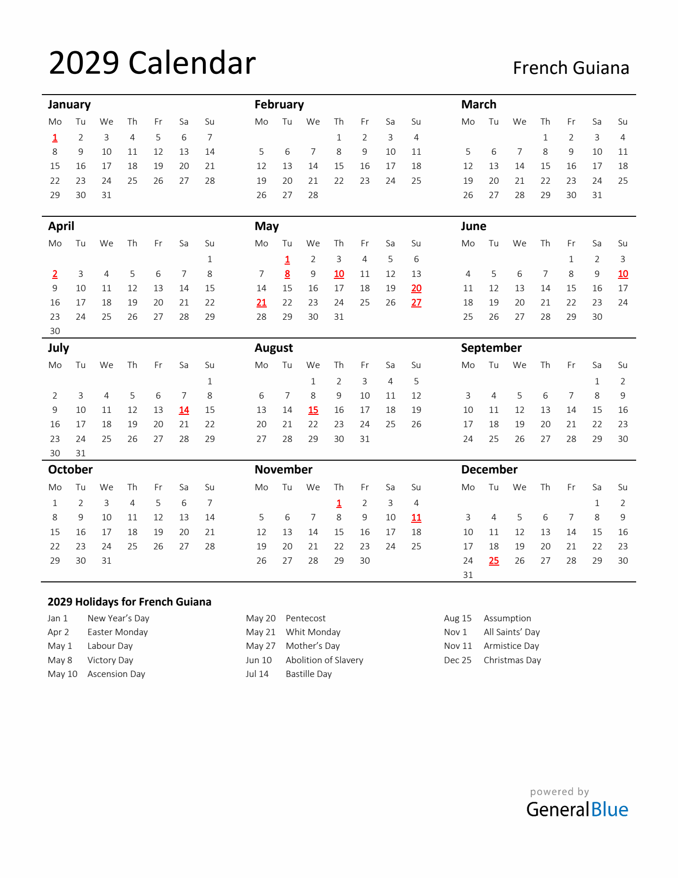 Standard Holiday Calendar for 2029 with French Guiana Holidays