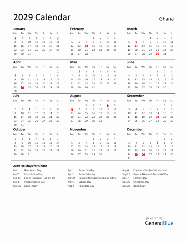 Standard Holiday Calendar for 2029 with Ghana Holidays 
