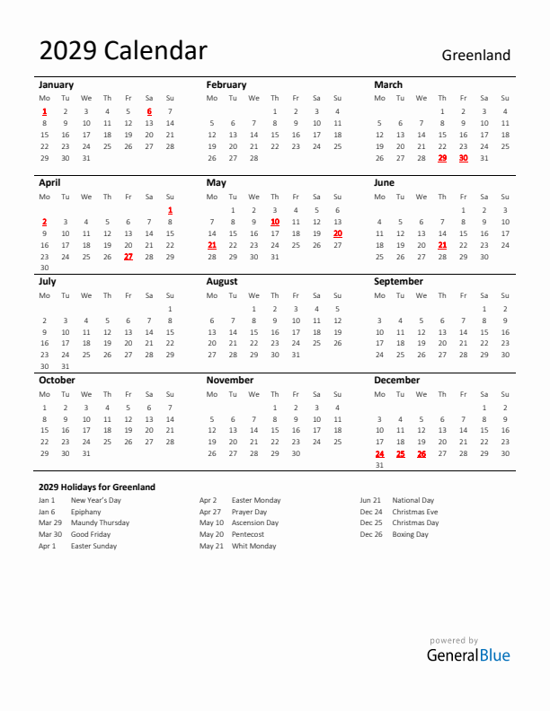 Standard Holiday Calendar for 2029 with Greenland Holidays