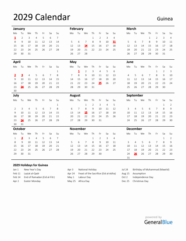 Standard Holiday Calendar for 2029 with Guinea Holidays 