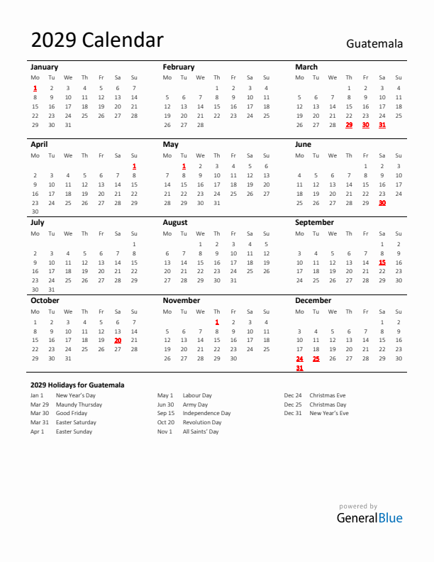 Standard Holiday Calendar for 2029 with Guatemala Holidays
