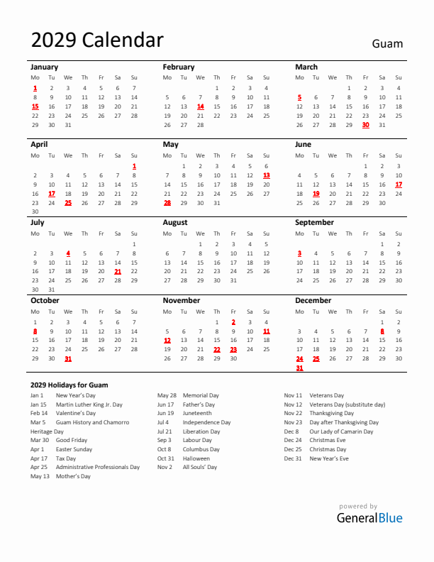 Standard Holiday Calendar for 2029 with Guam Holidays