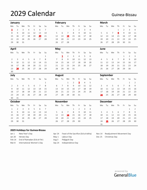 Standard Holiday Calendar for 2029 with Guinea-Bissau Holidays 